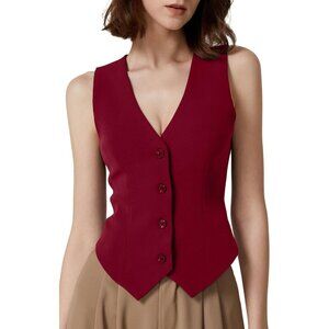 Women's Burgundy V Neck Vest Top Sleeveless Button Down Lined Solid Crop Tops